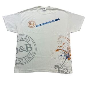 Dave And Busters Shirt Mens 2XL White Orange Eat Drink Play Short Sleeve